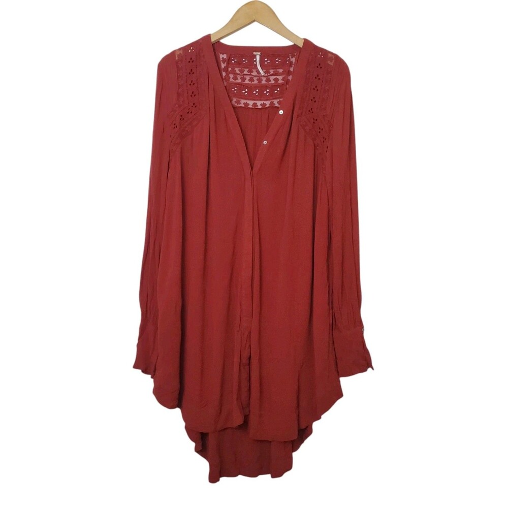 Free People Women’s Dress S Courtney Victorian Long-Sleeve Eyelet Lace Brick Red